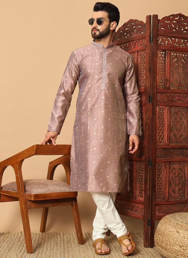 Pure Silk Purple Festival Wear Mirror Work Readymade Kurta Pajama